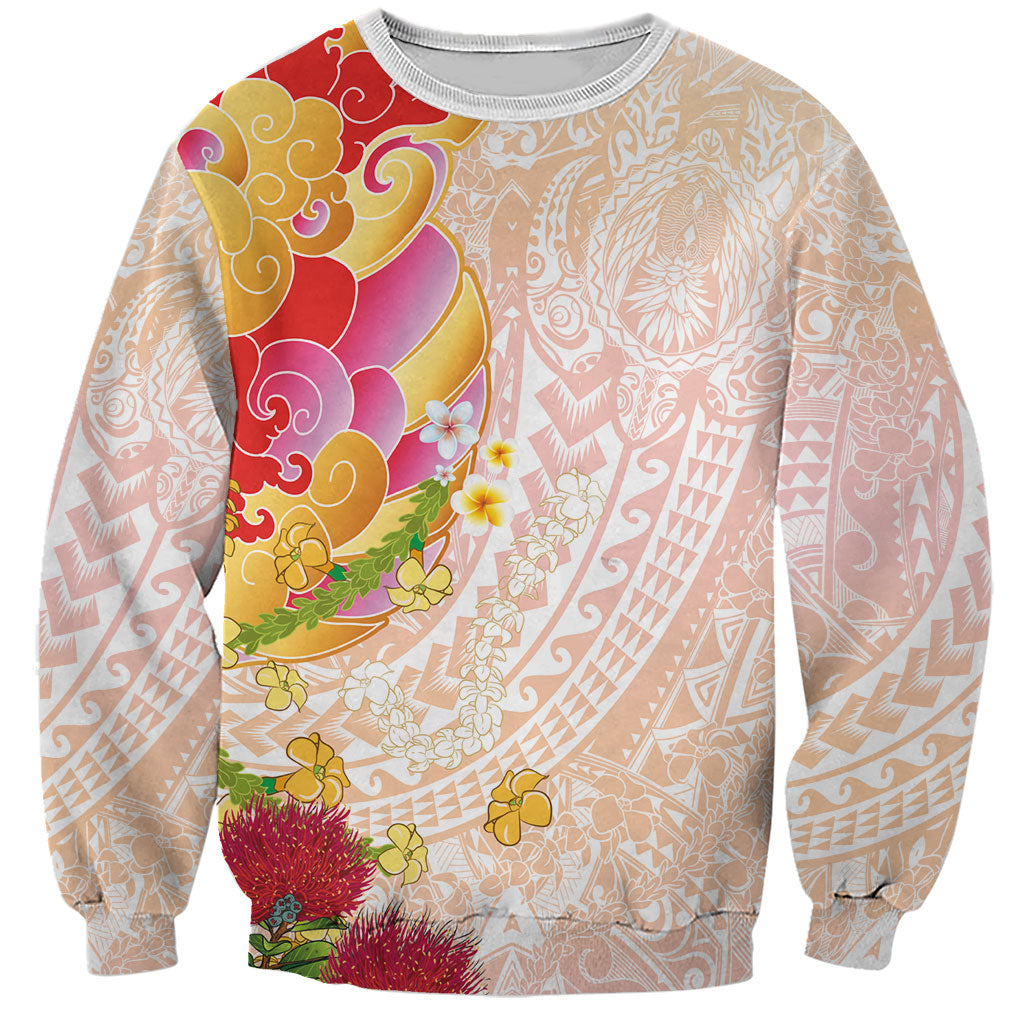 Japanese and Hawaiian Culture Fusion Sweatshirt Irezumi with Turtles and Lei Kakau Pattern Sunset Vibe LT03 Unisex Multicolor - Polynesian Pride