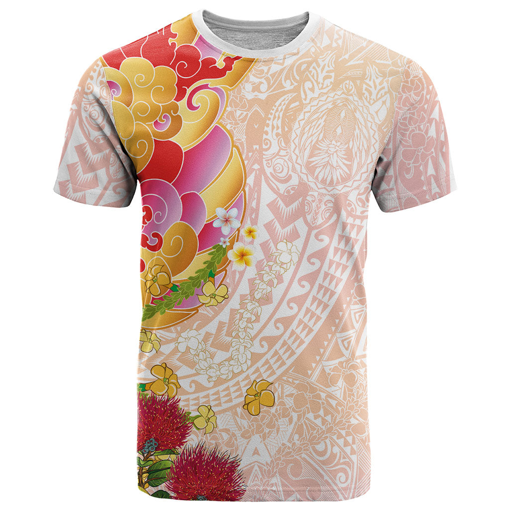Japanese and Hawaiian Culture Fusion T Shirt Irezumi with Turtles and Lei Kakau Pattern Sunset Vibe LT03 Multicolor - Polynesian Pride