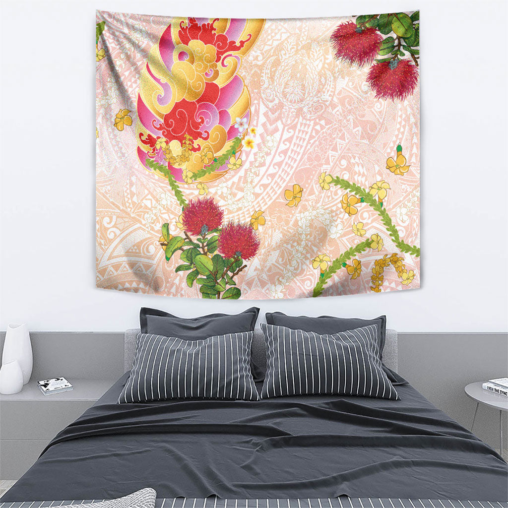 Japanese and Hawaiian Culture Fusion Tapestry Irezumi with Turtles and Lei Kakau Pattern Sunset Vibe LT03 - Polynesian Pride