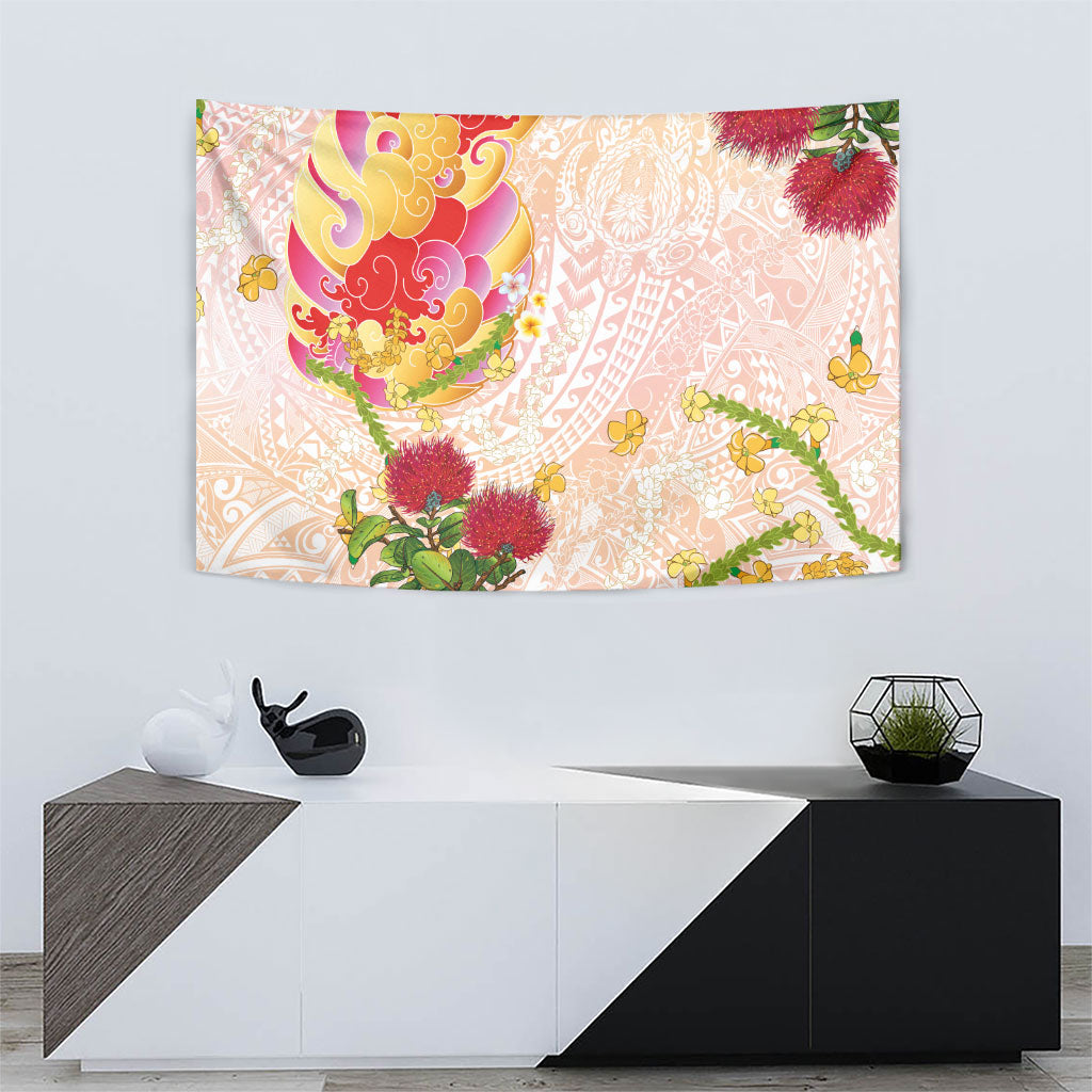 Japanese and Hawaiian Culture Fusion Tapestry Irezumi with Turtles and Lei Kakau Pattern Sunset Vibe LT03 - Polynesian Pride