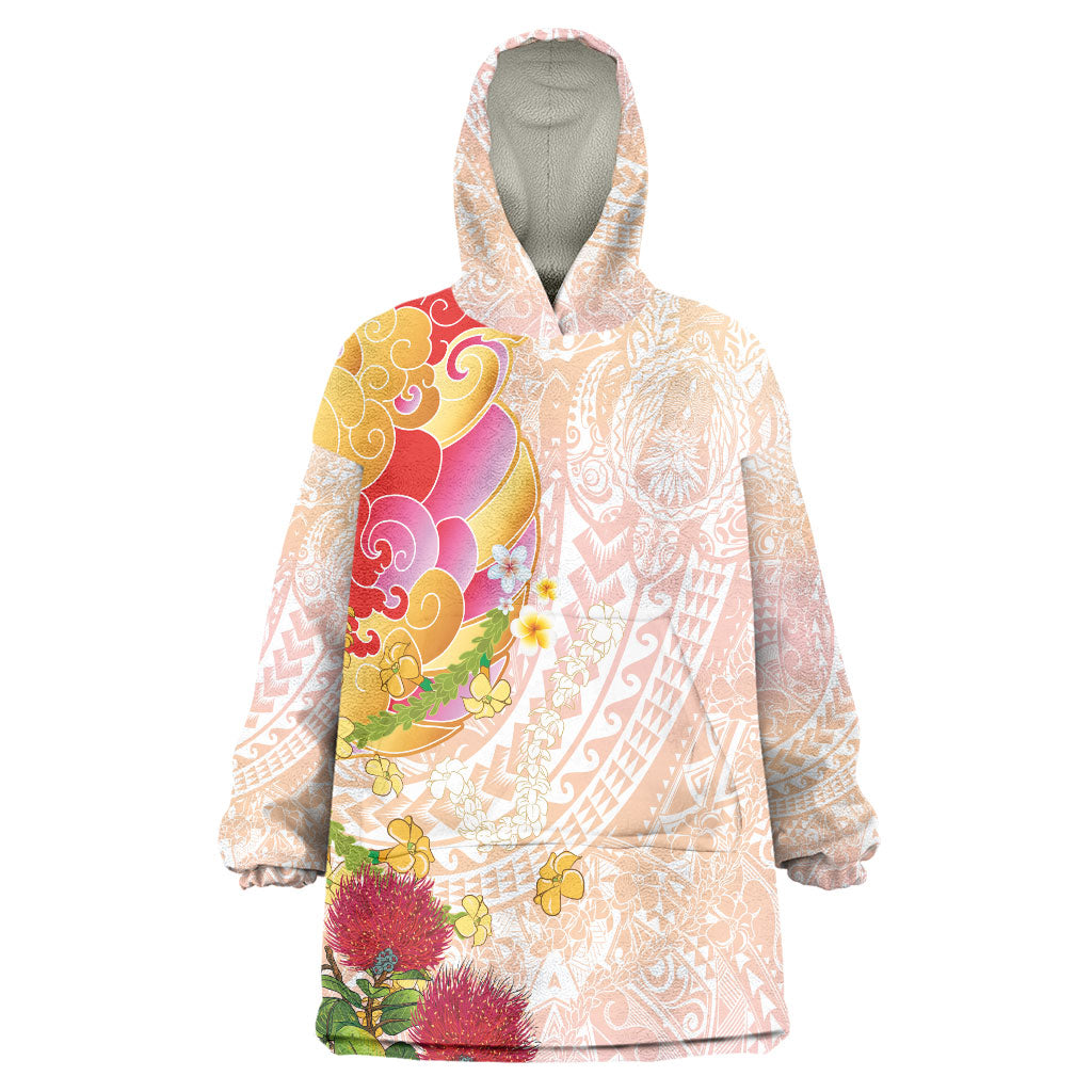 Japanese and Hawaiian Culture Fusion Wearable Blanket Hoodie Irezumi with Turtles and Lei Kakau Pattern Sunset Vibe LT03 One Size Multicolor - Polynesian Pride