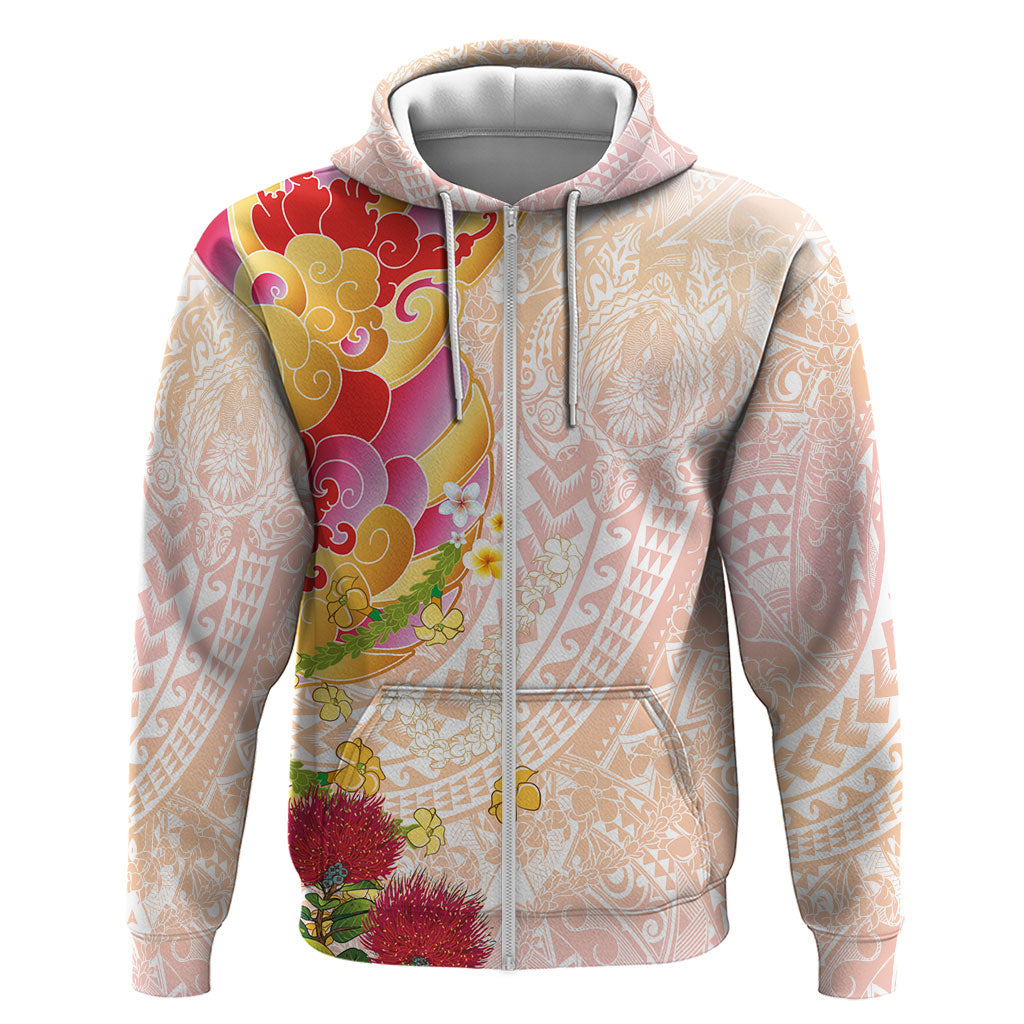 Japanese and Hawaiian Culture Fusion Zip Hoodie Irezumi with Turtles and Lei Kakau Pattern Sunset Vibe LT03 Zip Hoodie Multicolor - Polynesian Pride