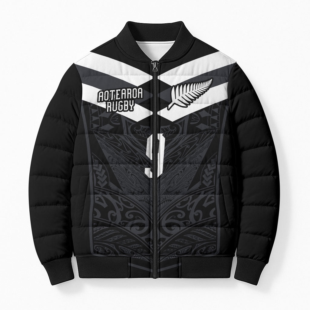 Aotearoa Rugby Custom Bomber Puffer Jacket Maori Tribal Motifs Stripes-Sporty Style LT03 Unisex Black - Polynesian Pride