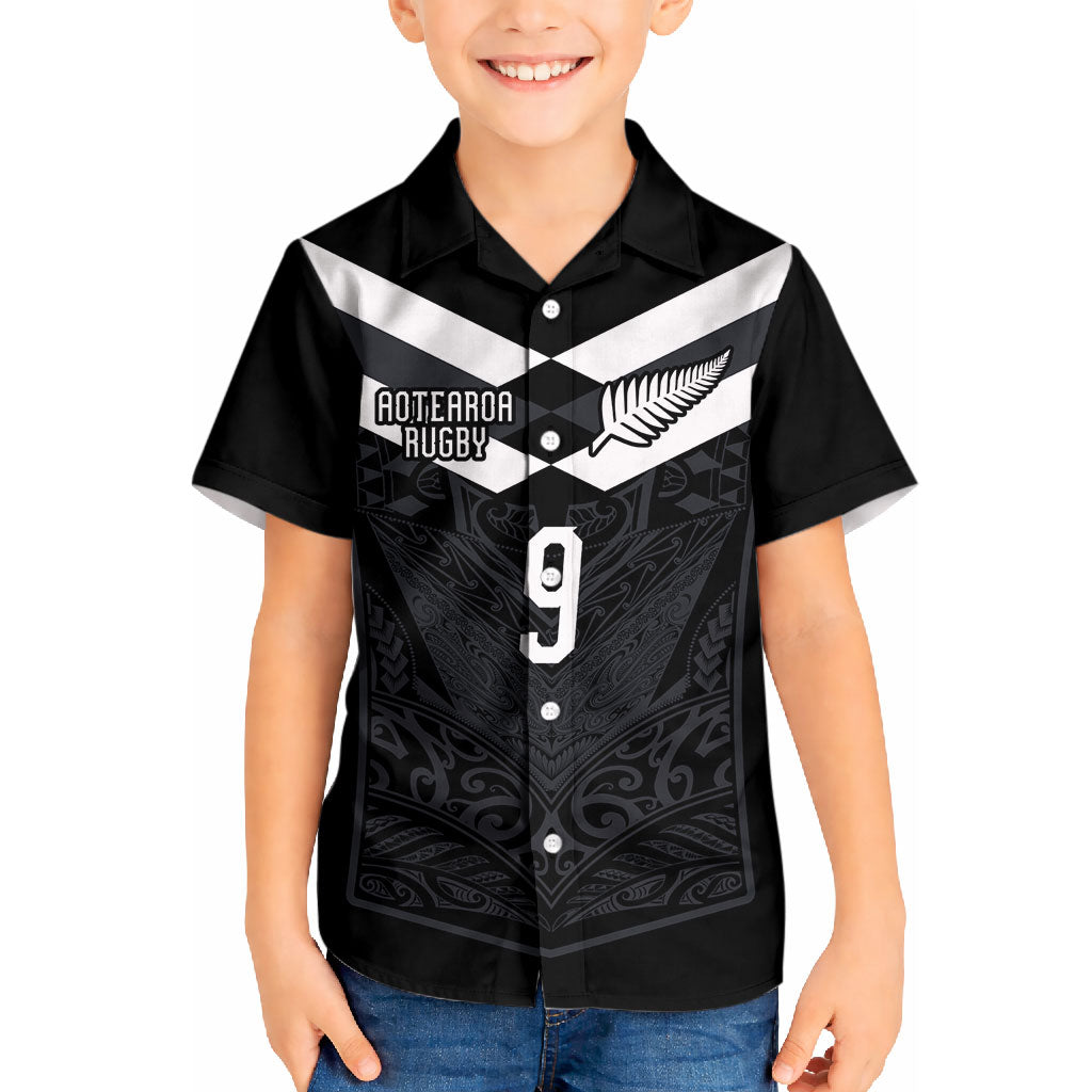 Aotearoa Rugby Custom Kid Hawaiian Shirt Maori Tribal Motifs Stripes-Sporty Style LT03 Kid Black - Polynesian Pride
