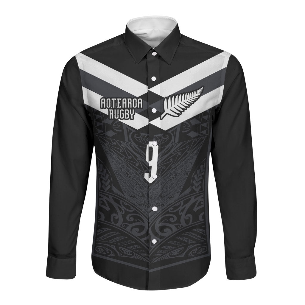 Aotearoa Rugby Custom Long Sleeve Button Shirt Maori Tribal Motifs Stripes-Sporty Style