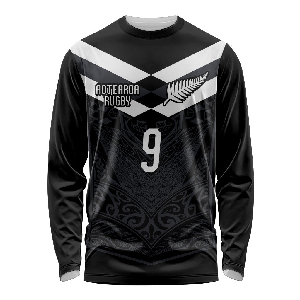 Aotearoa Rugby Custom Long Sleeve Shirt Maori Tribal Motifs Stripes-Sporty Style LT03 Unisex Black - Polynesian Pride