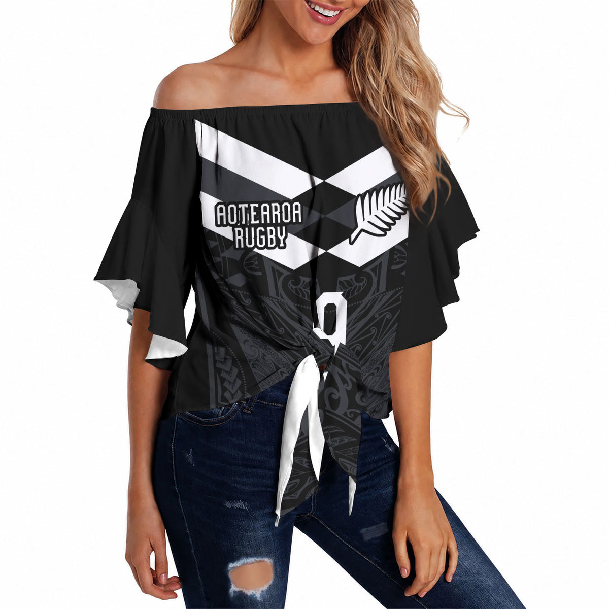 Aotearoa Rugby Custom Off Shoulder Wrap Waist Top Maori Tribal Motifs Stripes-Sporty Style LT03 Black - Polynesian Pride