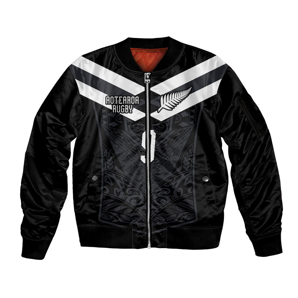 Aotearoa Rugby Custom Sleeve Zip Bomber Jacket Maori Tribal Motifs Stripes-Sporty Style LT03 Unisex Black - Polynesian Pride