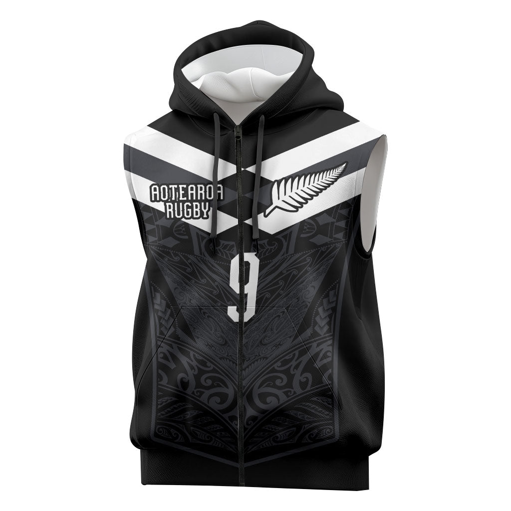 Aotearoa Rugby Custom Sleeveless Zip Hoodie Maori Tribal Motifs Stripes-Sporty Style LT03 Black - Polynesian Pride