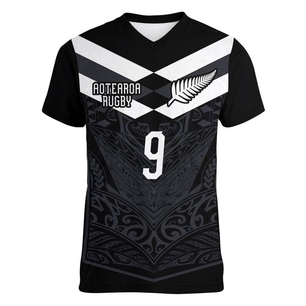 Aotearoa Rugby Custom Women V-Neck T-Shirt Maori Tribal Motifs Stripes-Sporty Style LT03 Female Black - Polynesian Pride