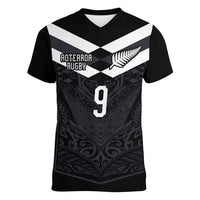 Aotearoa Rugby Custom Women V-Neck T-Shirt Maori Tribal Motifs Stripes-Sporty Style LT03 Female Black - Polynesian Pride