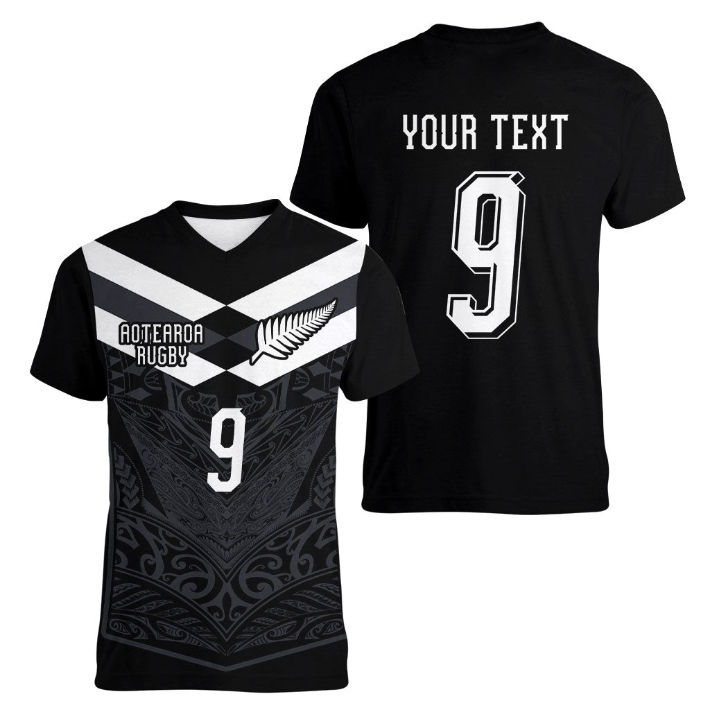 Aotearoa Rugby Custom Women V-Neck T-Shirt Maori Tribal Motifs Stripes-Sporty Style LT03 - Polynesian Pride
