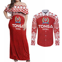 Custom Tonga Football Ngatu Tribal Tattoo Couples Matching Off Shoulder Maxi Dress and Long Sleeve Button Shirt