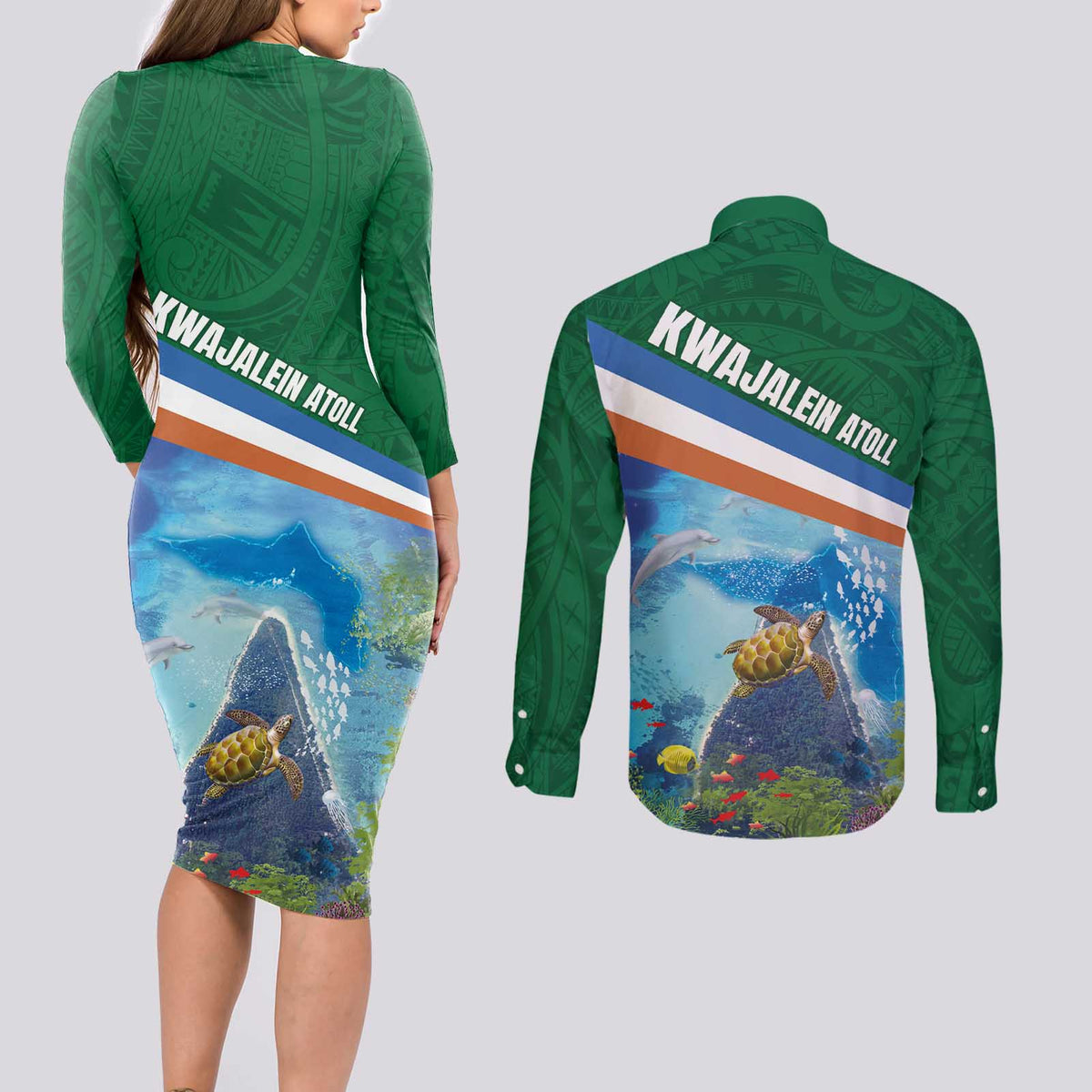 Marshall Islands Kwajalein Atoll Couples Matching Long Sleeve Bodycon Dress and Long Sleeve Button Shirt Polynesian Pattern and Undersea Animals