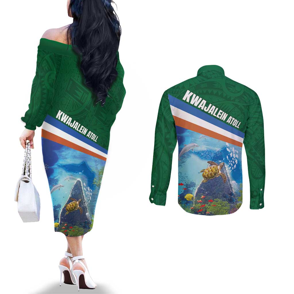 Marshall Islands Kwajalein Atoll Couples Matching Off The Shoulder Long Sleeve Dress and Long Sleeve Button Shirt Polynesian Pattern and Undersea Animals