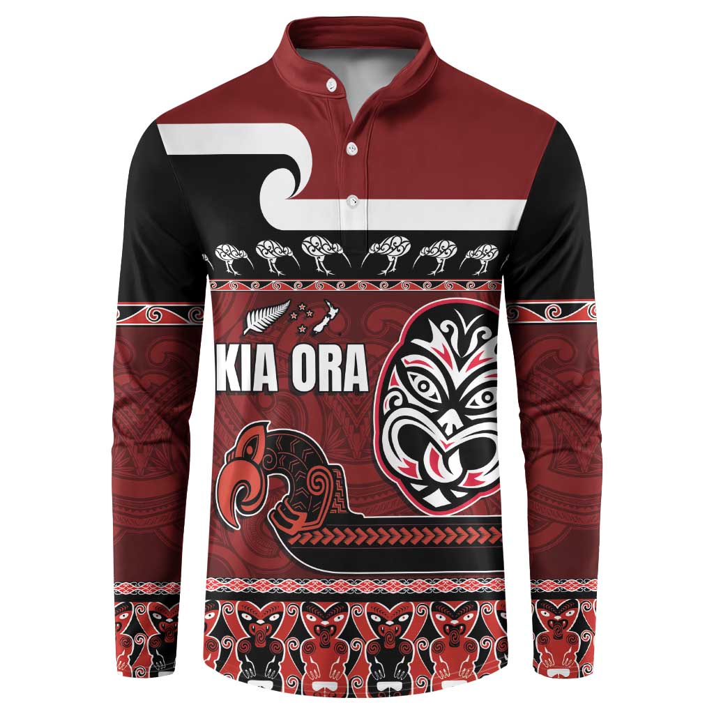 New Zealand Culture Button Sweatshirt Kia Ora Aotearoa Moko Tattoo Mask with Waka and Maori Art Pattern