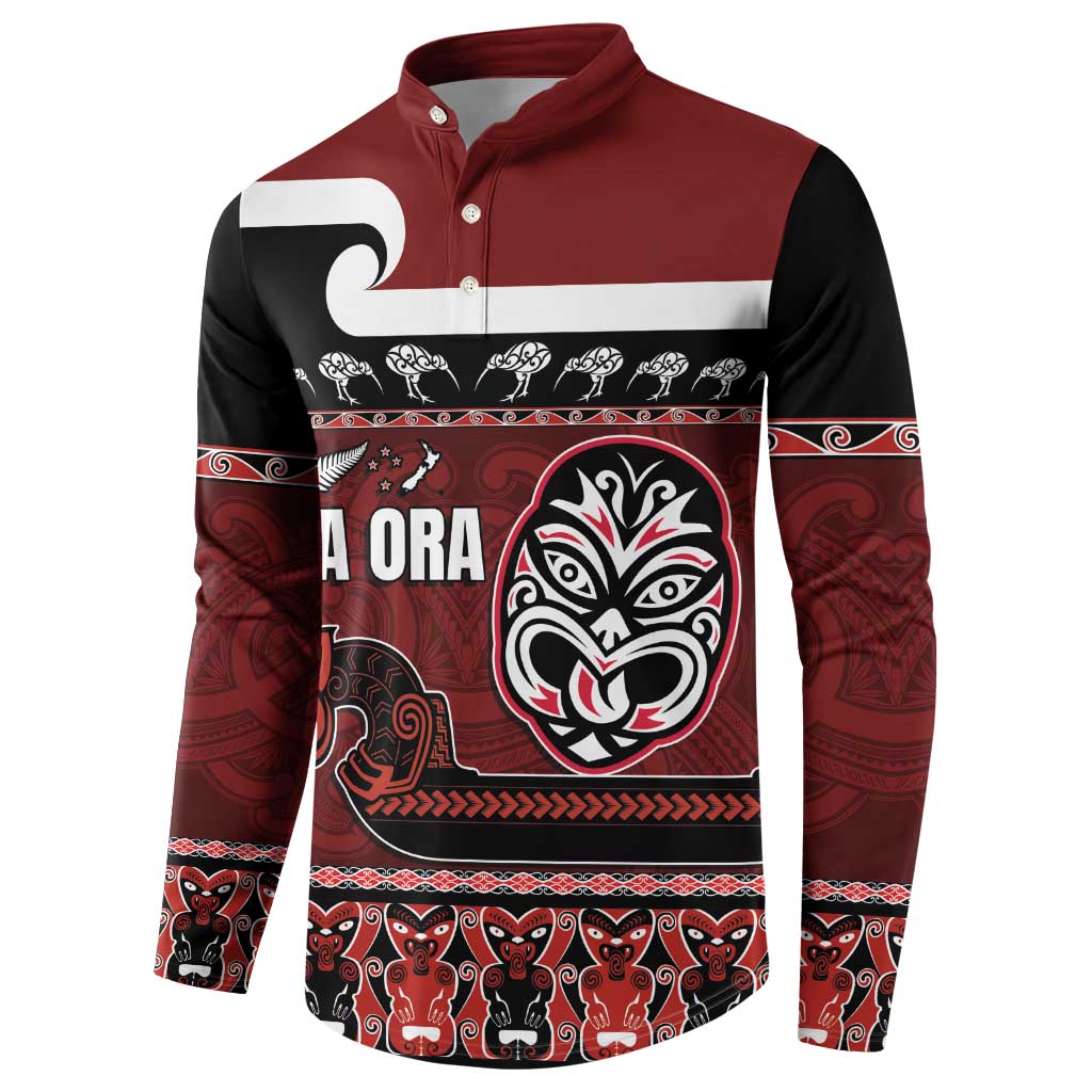 New Zealand Culture Button Sweatshirt Kia Ora Aotearoa Moko Tattoo Mask with Waka and Maori Art Pattern