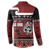 New Zealand Culture Button Sweatshirt Kia Ora Aotearoa Moko Tattoo Mask with Waka and Maori Art Pattern
