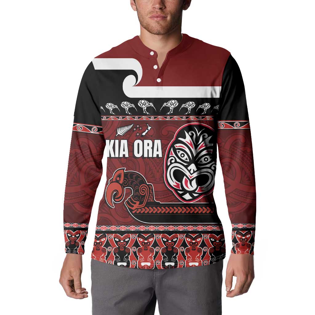 New Zealand Culture Button Sweatshirt Kia Ora Aotearoa Moko Tattoo Mask with Waka and Maori Art Pattern