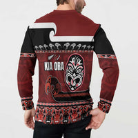 New Zealand Culture Button Sweatshirt Kia Ora Aotearoa Moko Tattoo Mask with Waka and Maori Art Pattern