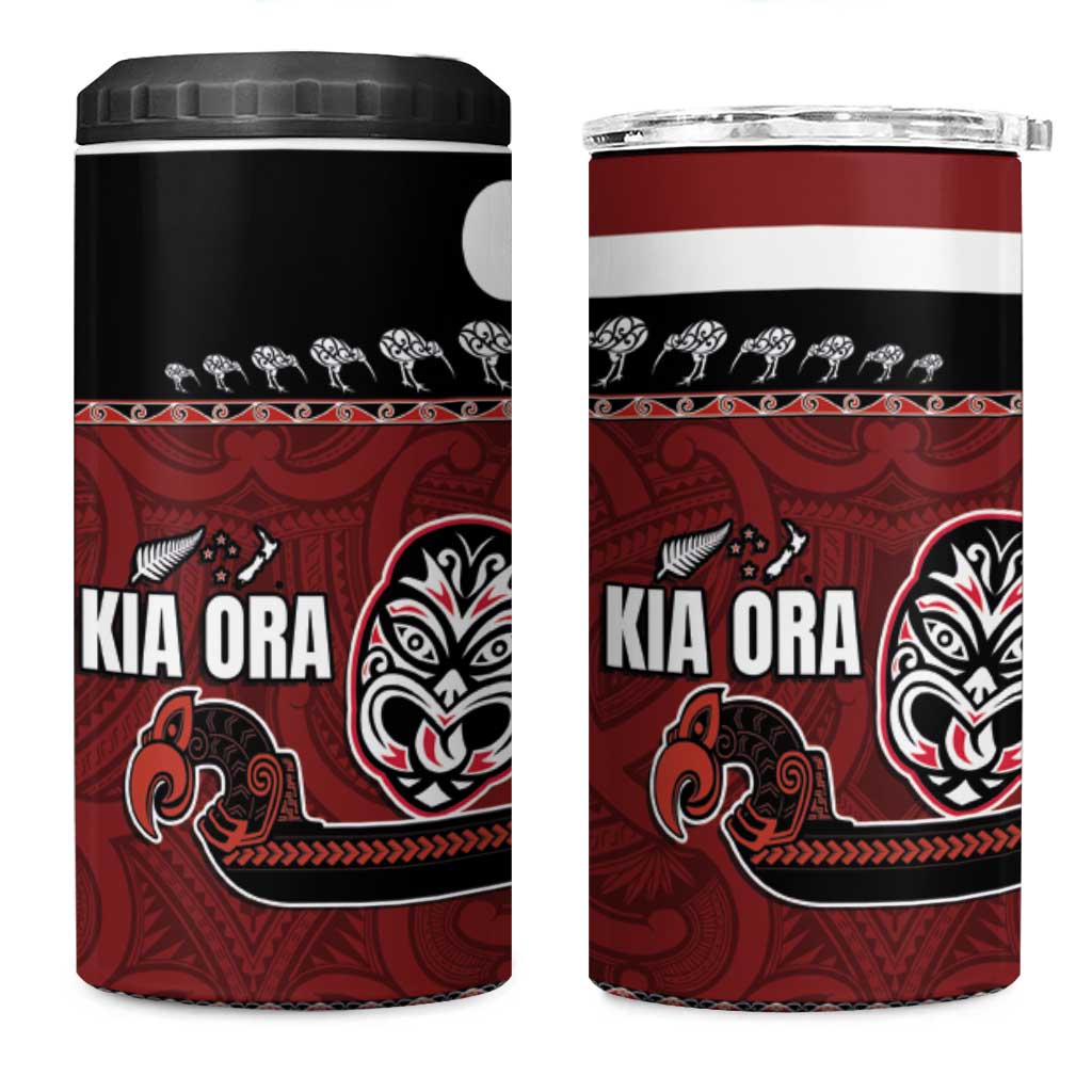 New Zealand Culture 4 in 1 Can Cooler Tumbler Kia Ora Aotearoa Moko Tattoo Mask with Waka and Maori Art Pattern