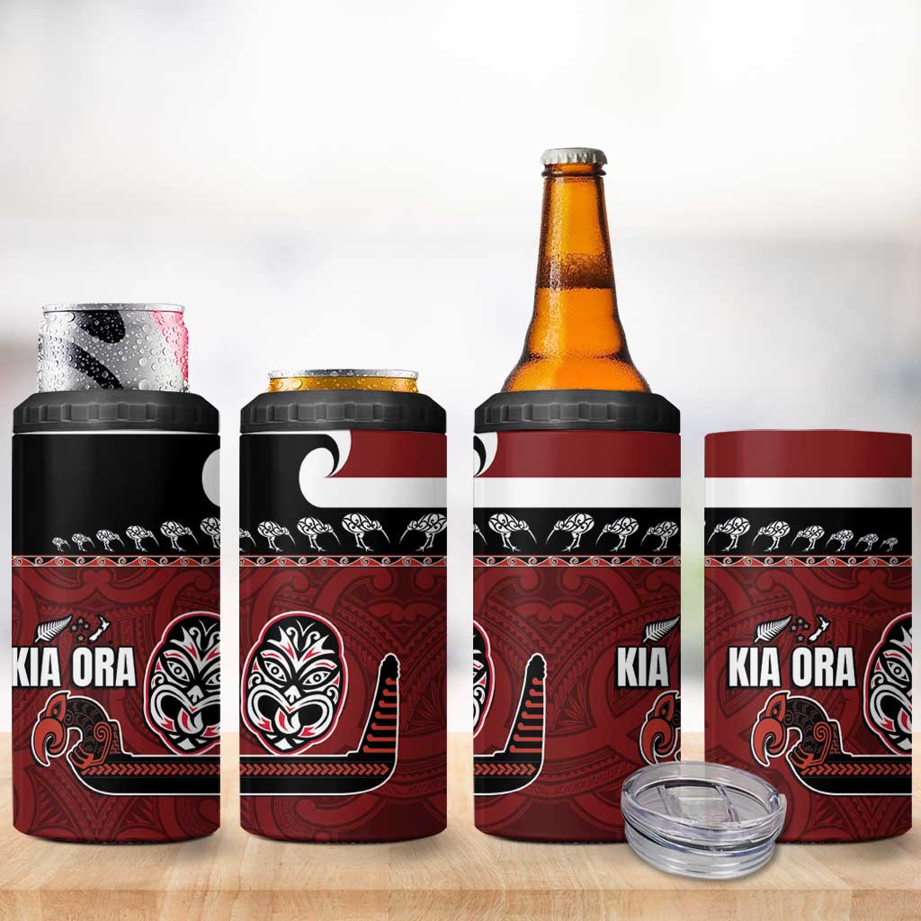 New Zealand Culture 4 in 1 Can Cooler Tumbler Kia Ora Aotearoa Moko Tattoo Mask with Waka and Maori Art Pattern