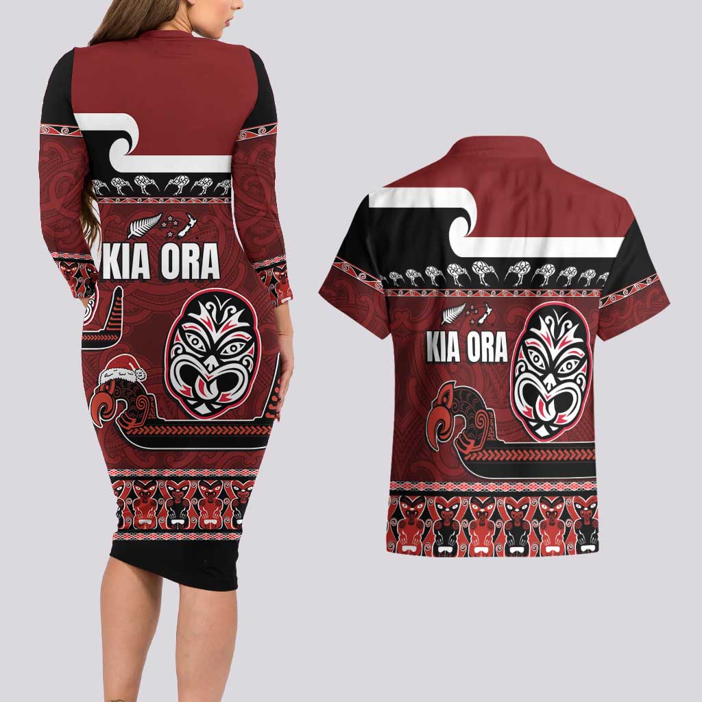 New Zealand Culture Couples Matching Long Sleeve Bodycon Dress and Hawaiian Shirt Kia Ora Aotearoa Moko Tattoo Mask with Waka and Maori Art Pattern