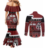 New Zealand Culture Couples Matching Mermaid Dress and Long Sleeve Button Shirt Kia Ora Aotearoa Moko Tattoo Mask with Waka and Maori Art Pattern