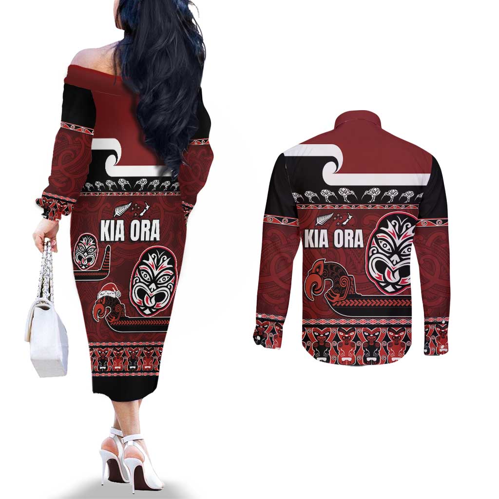 New Zealand Culture Couples Matching Off The Shoulder Long Sleeve Dress and Long Sleeve Button Shirt Kia Ora Aotearoa Moko Tattoo Mask with Waka and Maori Art Pattern