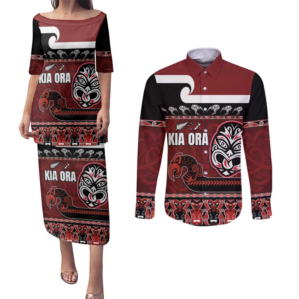 New Zealand Culture Couples Matching Puletasi and Long Sleeve Button Shirt Kia Ora Aotearoa Moko Tattoo Mask with Waka and Maori Art Pattern
