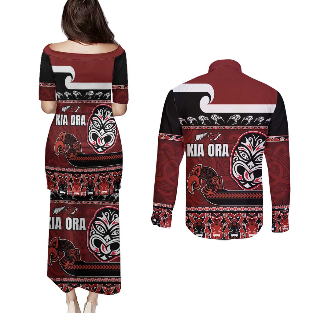 New Zealand Culture Couples Matching Puletasi and Long Sleeve Button Shirt Kia Ora Aotearoa Moko Tattoo Mask with Waka and Maori Art Pattern