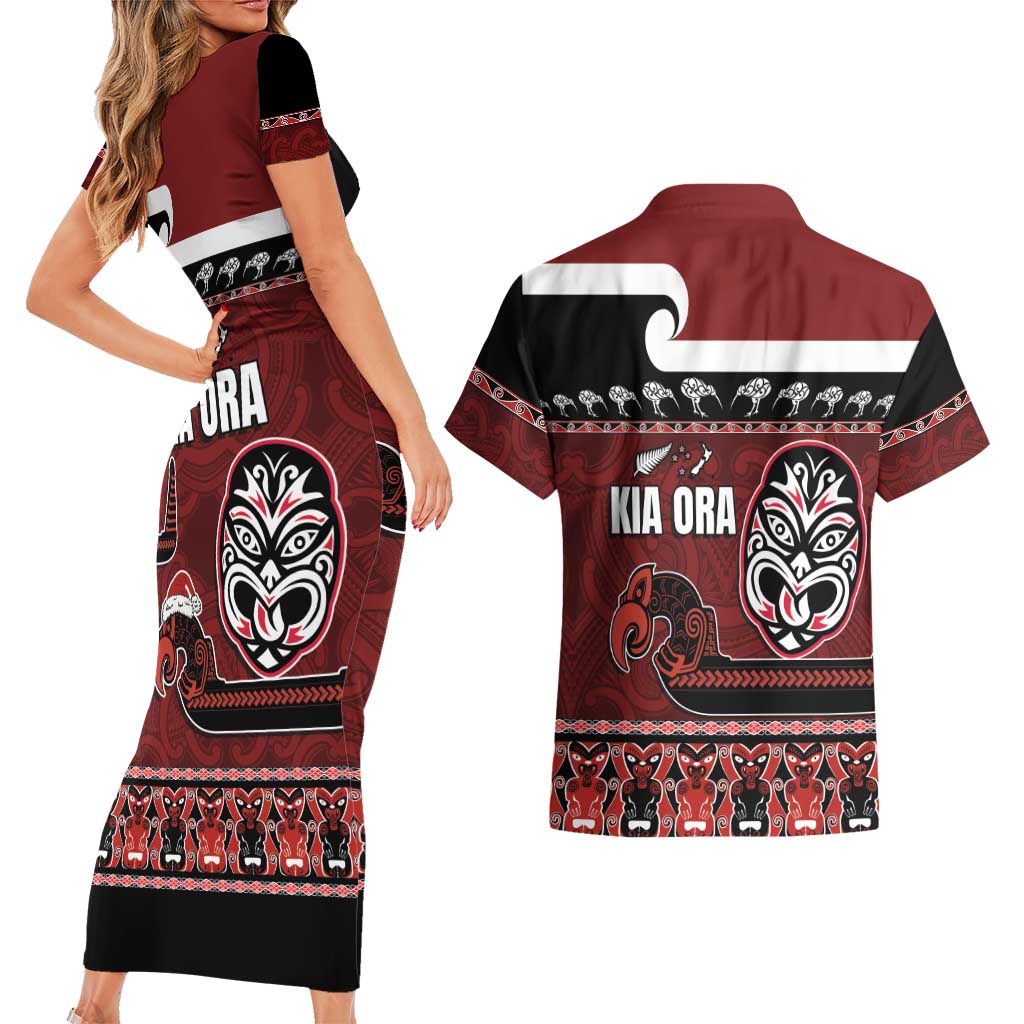New Zealand Culture Couples Matching Short Sleeve Bodycon Dress and Hawaiian Shirt Kia Ora Aotearoa Moko Tattoo Mask with Waka and Maori Art Pattern