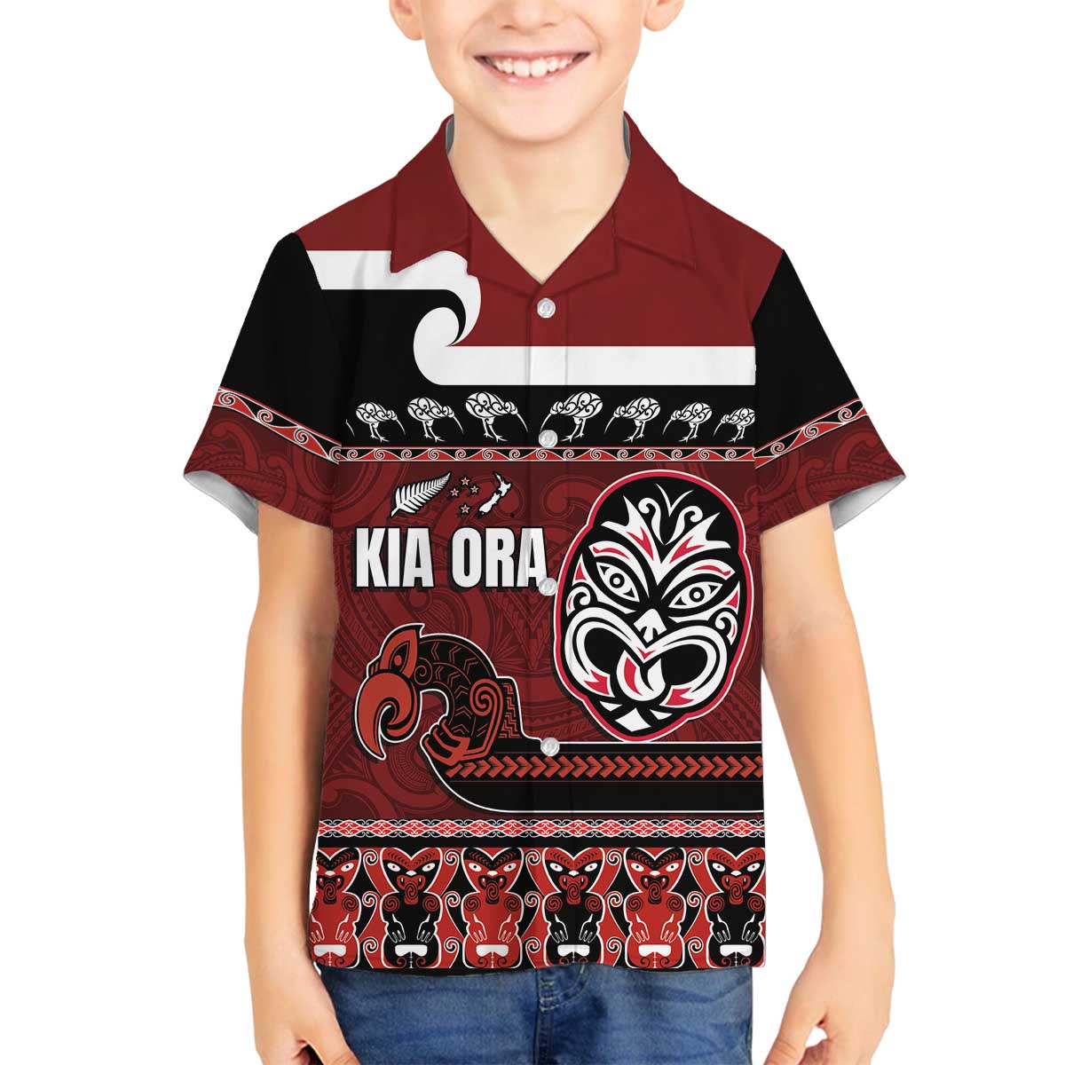New Zealand Culture Family Matching Off The Shoulder Long Sleeve Dress and Hawaiian Shirt Kia Ora Aotearoa Moko Tattoo Mask with Waka and Maori Art Pattern