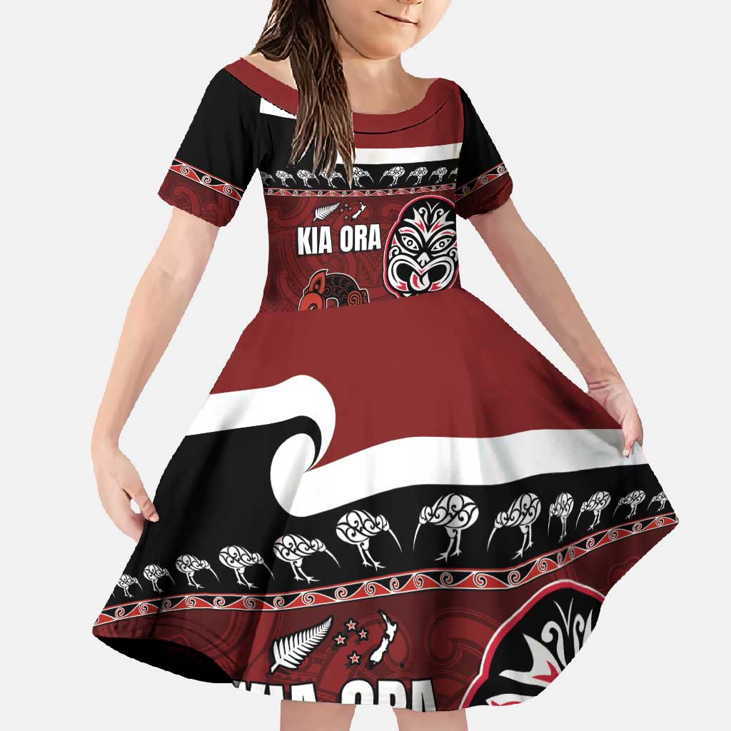 New Zealand Culture Family Matching Summer Maxi Dress and Hawaiian Shirt Kia Ora Aotearoa Moko Tattoo Mask with Waka and Maori Art Pattern LT03 Daughter's Dress Red - Polynesian Pride