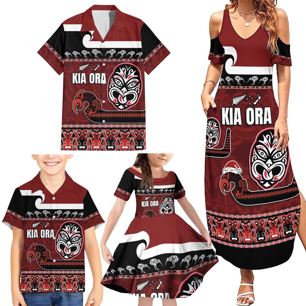 New Zealand Culture Family Matching Summer Maxi Dress and Hawaiian Shirt Kia Ora Aotearoa Moko Tattoo Mask with Waka and Maori Art Pattern LT03 - Polynesian Pride