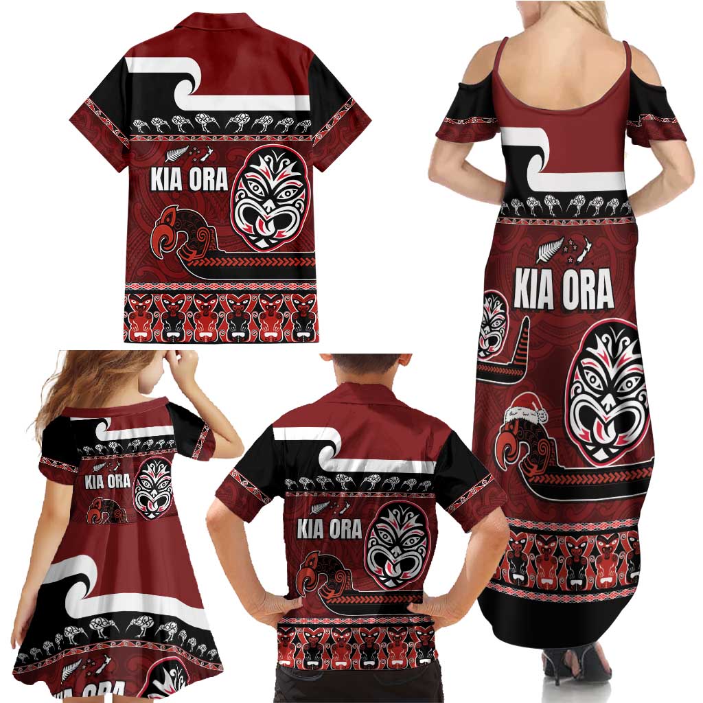 New Zealand Culture Family Matching Summer Maxi Dress and Hawaiian Shirt Kia Ora Aotearoa Moko Tattoo Mask with Waka and Maori Art Pattern LT03 - Polynesian Pride