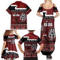 New Zealand Culture Family Matching Summer Maxi Dress and Hawaiian Shirt Kia Ora Aotearoa Moko Tattoo Mask with Waka and Maori Art Pattern LT03 - Polynesian Pride