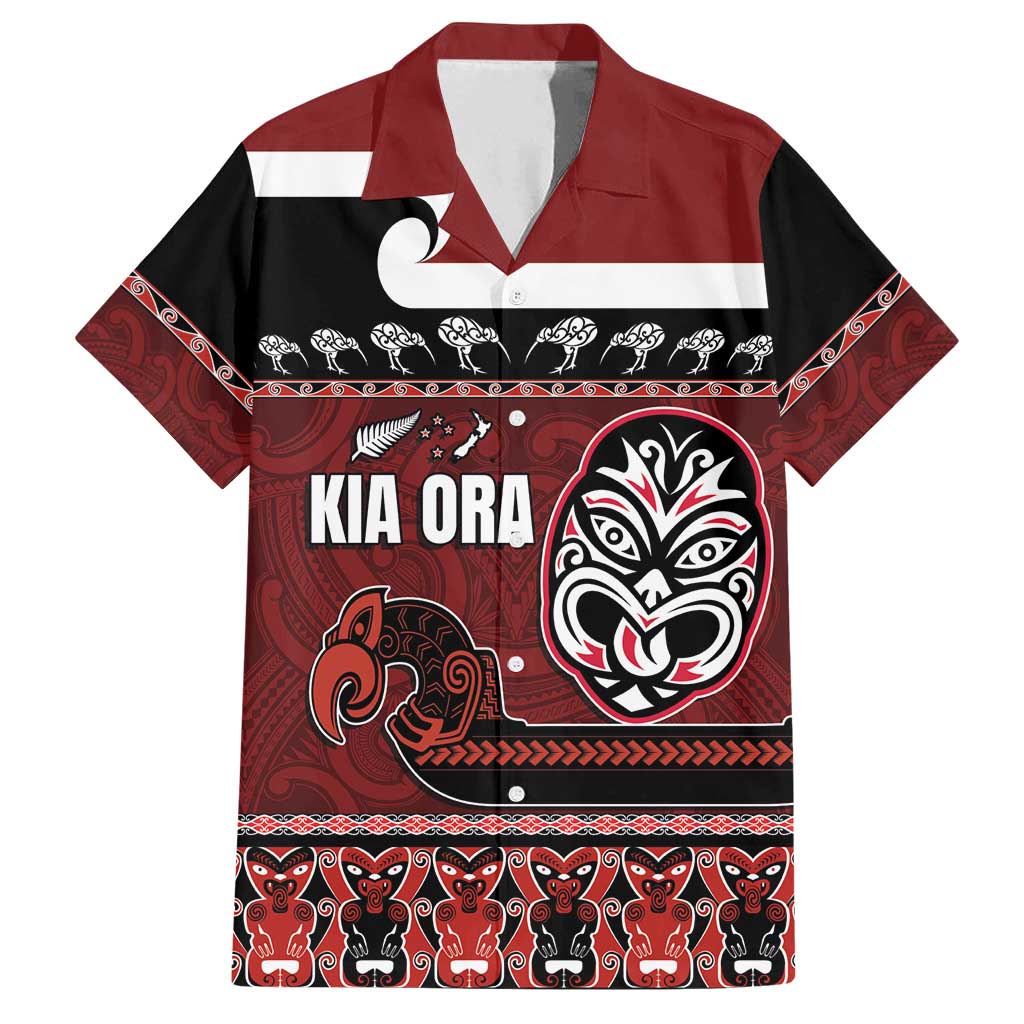 New Zealand Culture Family Matching Summer Maxi Dress and Hawaiian Shirt Kia Ora Aotearoa Moko Tattoo Mask with Waka and Maori Art Pattern LT03 Dad's Shirt - Short Sleeve Red - Polynesian Pride
