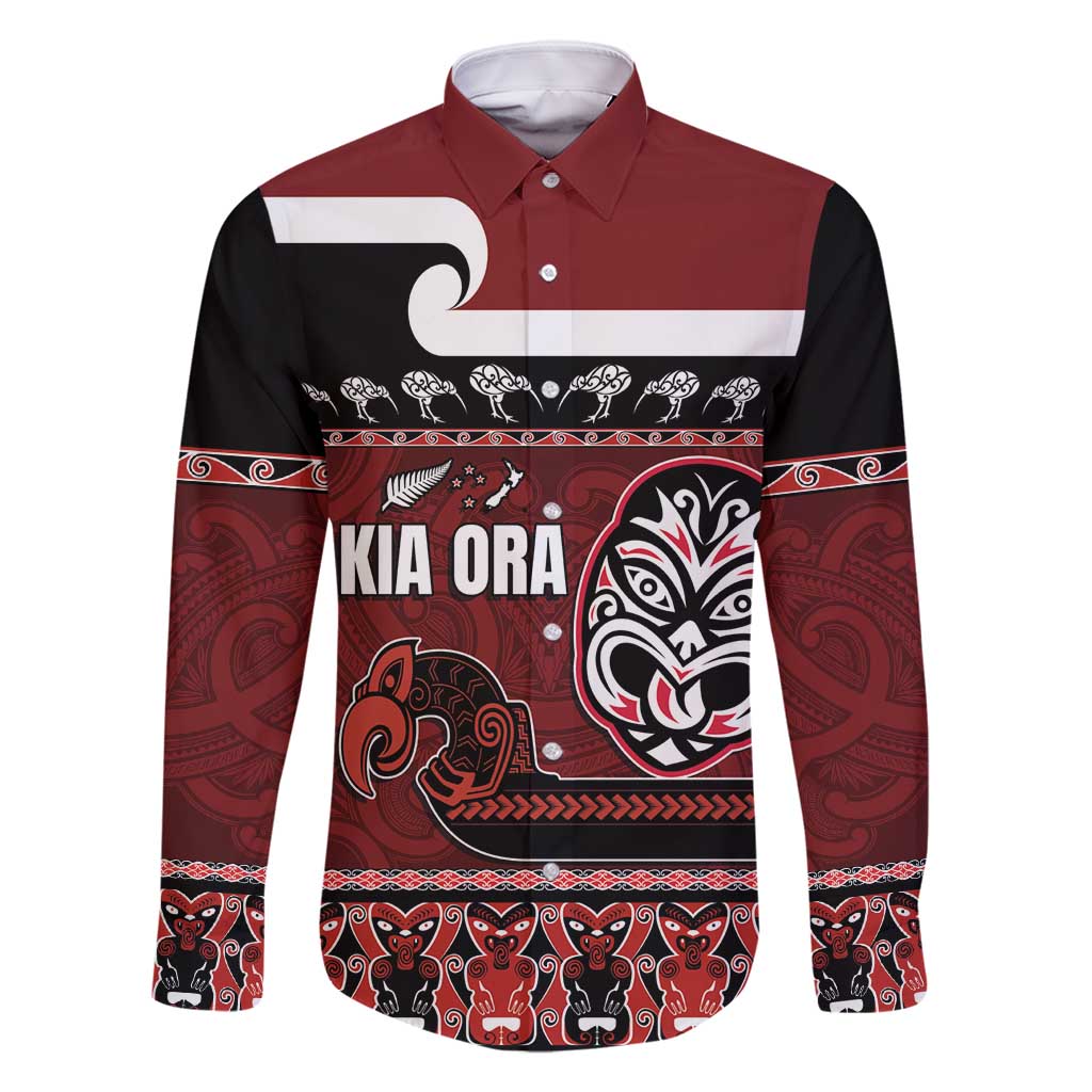 New Zealand Culture Family Matching Summer Maxi Dress and Hawaiian Shirt Kia Ora Aotearoa Moko Tattoo Mask with Waka and Maori Art Pattern LT03 Dad's Shirt - Long Sleeve Red - Polynesian Pride