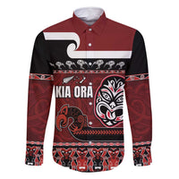 New Zealand Culture Family Matching Summer Maxi Dress and Hawaiian Shirt Kia Ora Aotearoa Moko Tattoo Mask with Waka and Maori Art Pattern LT03 Dad's Shirt - Long Sleeve Red - Polynesian Pride