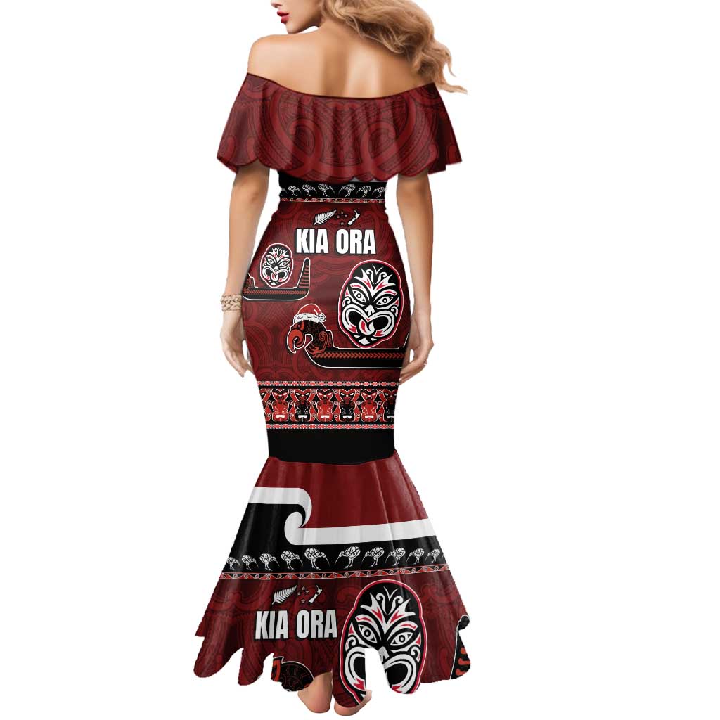 New Zealand Culture Mermaid Dress Kia Ora Aotearoa Moko Tattoo Mask with Waka and Maori Art Pattern