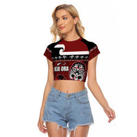 New Zealand Culture Raglan Cropped T Shirt Kia Ora Aotearoa Moko Tattoo Mask with Waka and Maori Art Pattern