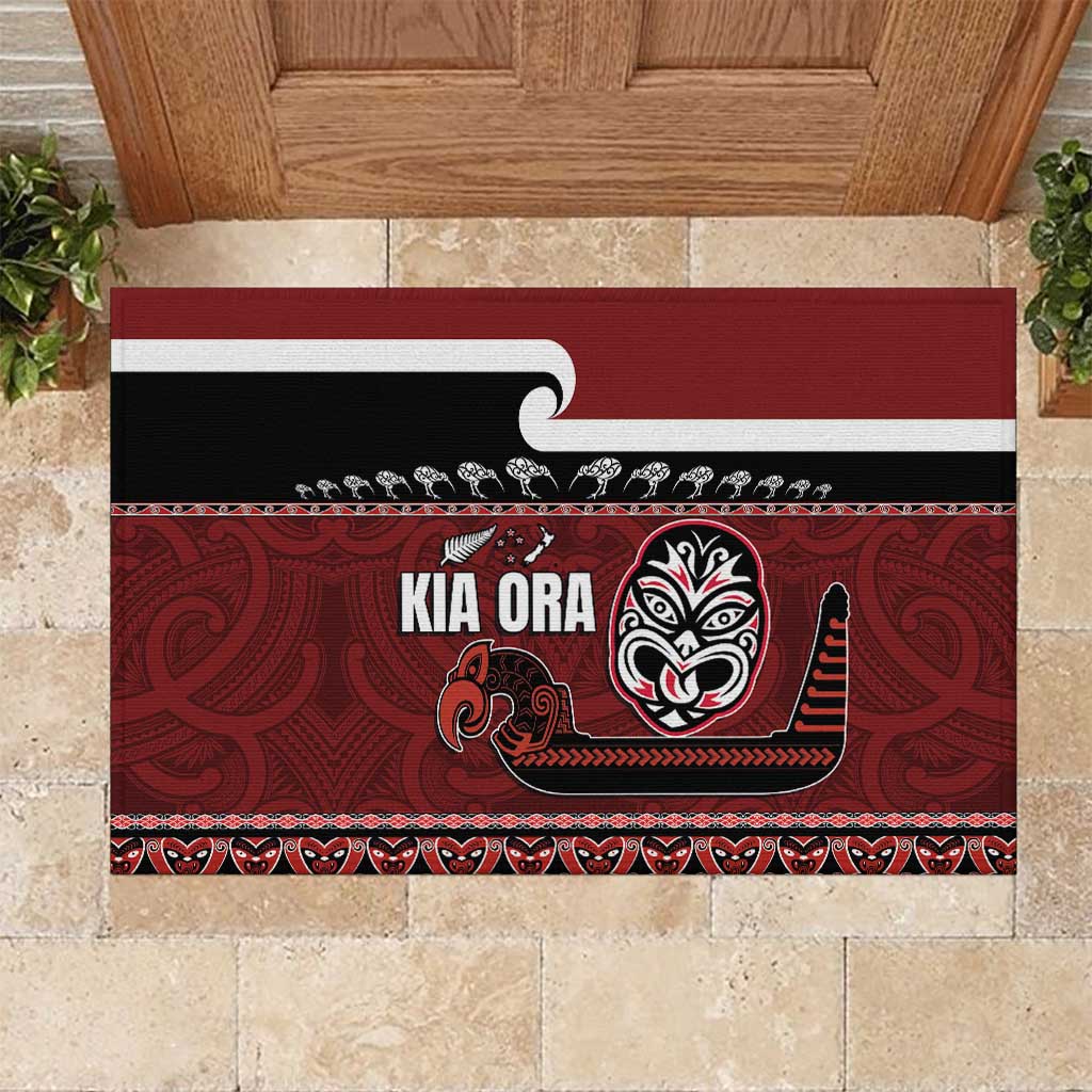 New Zealand Culture Rubber Doormat Kia Ora Aotearoa Moko Tattoo Mask with Waka and Maori Art Pattern