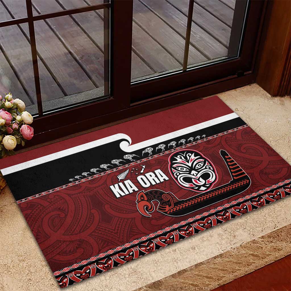 New Zealand Culture Rubber Doormat Kia Ora Aotearoa Moko Tattoo Mask with Waka and Maori Art Pattern