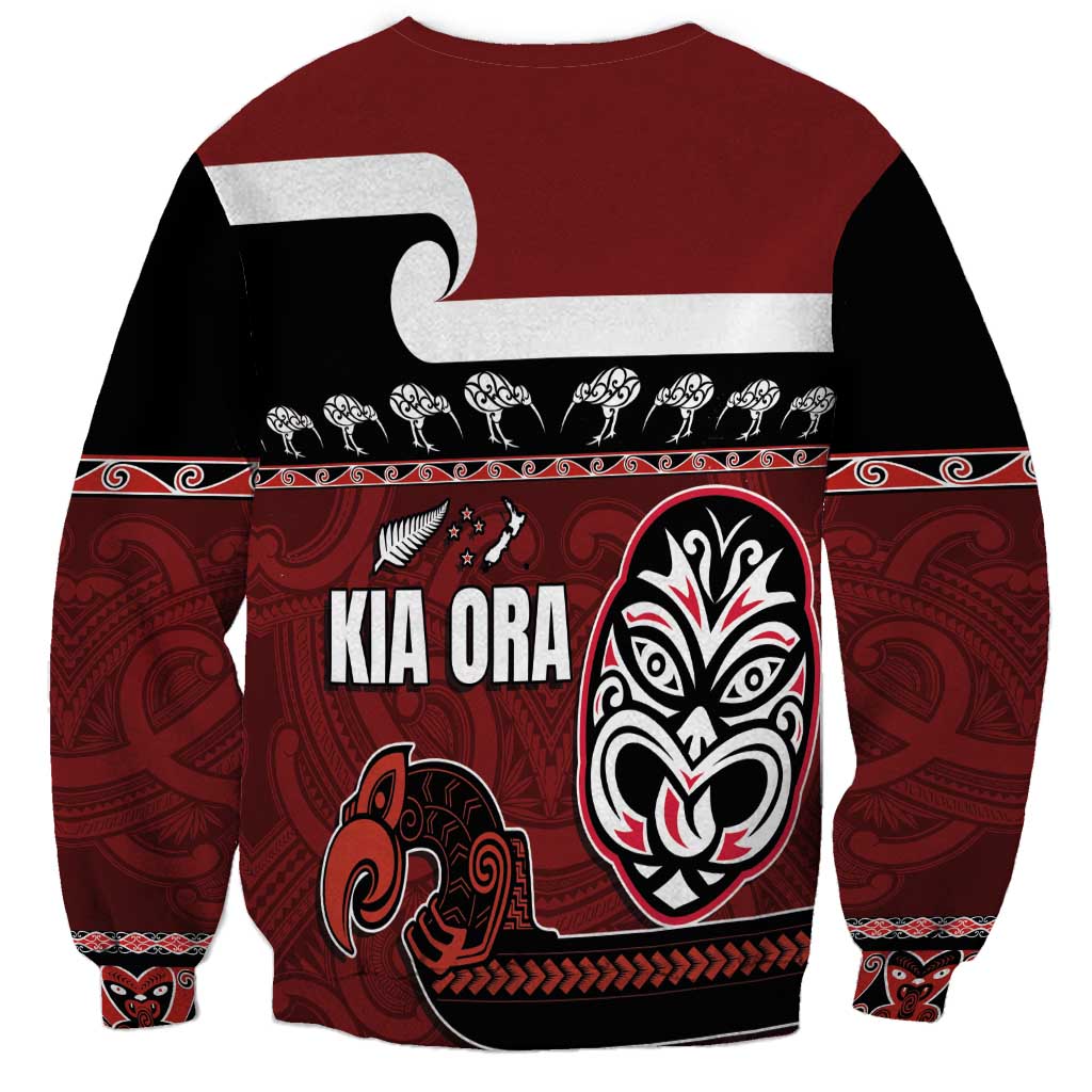 New Zealand Culture Sweatshirt Kia Ora Aotearoa Moko Tattoo Mask with Waka and Maori Art Pattern