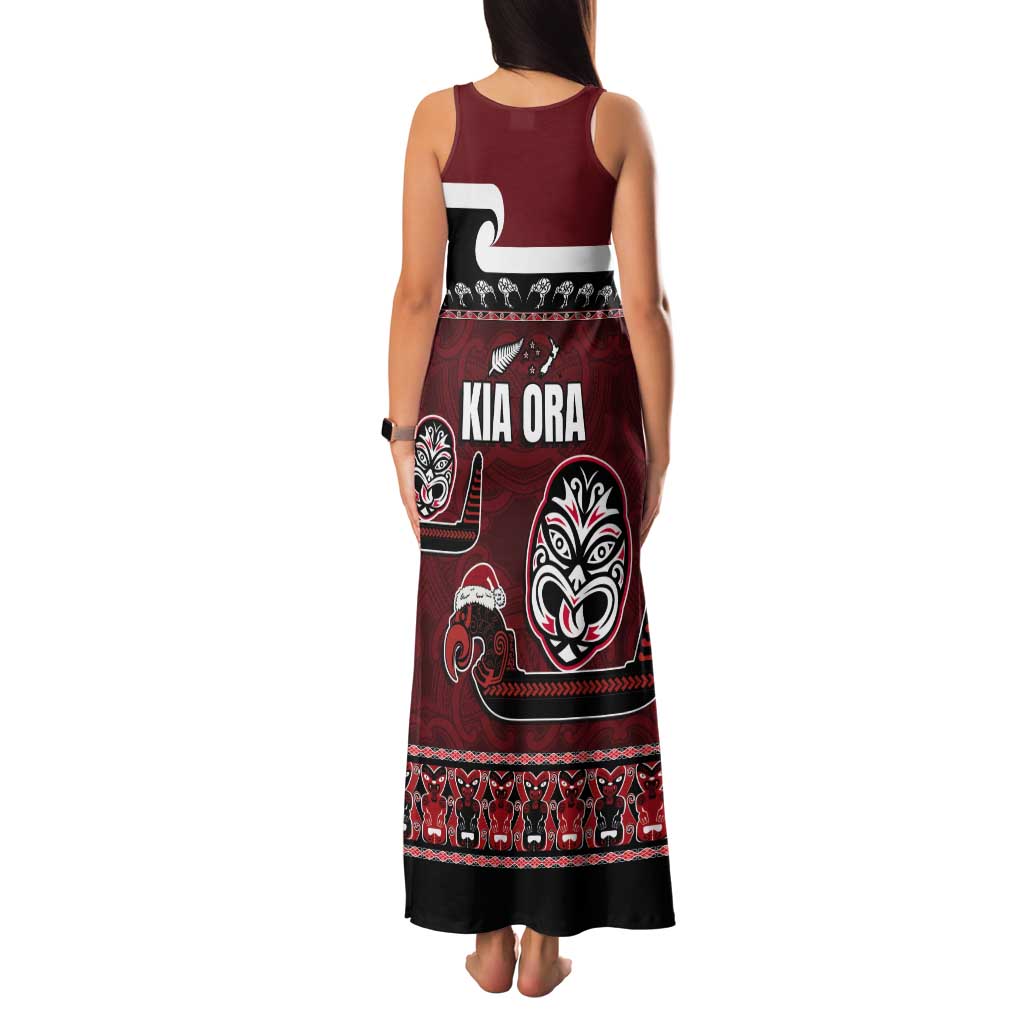 New Zealand Culture Tank Maxi Dress Kia Ora Aotearoa Moko Tattoo Mask with Waka and Maori Art Pattern