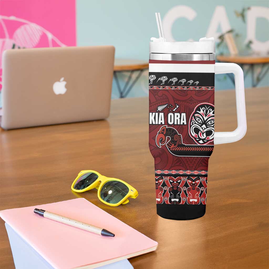 New Zealand Culture Tumbler With Handle Kia Ora Aotearoa Moko Tattoo Mask with Waka and Maori Art Pattern