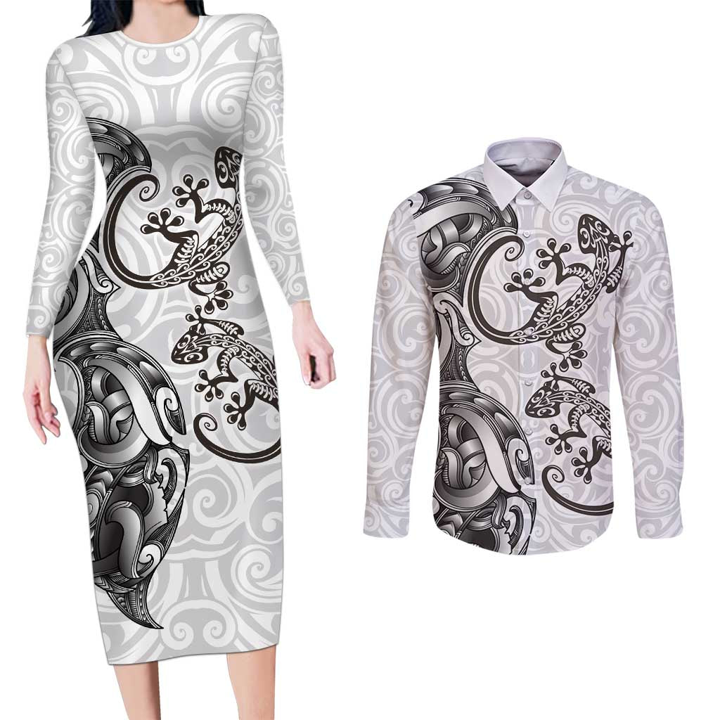 New Zealand Gecko Maori Art Tattoo Couples Matching Long Sleeve Bodycon Dress and Long Sleeve Button Shirt White Color LT03 White - Polynesian Pride