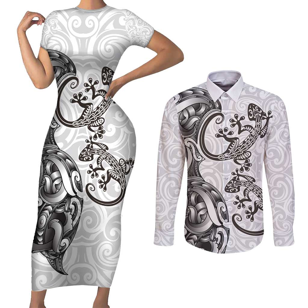 New Zealand Gecko Maori Art Tattoo Couples Matching Short Sleeve Bodycon Dress and Long Sleeve Button Shirt White Color LT03 White - Polynesian Pride