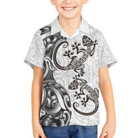 New Zealand Gecko Maori Art Tattoo Family Matching Long Sleeve Bodycon Dress and Hawaiian Shirt White Color